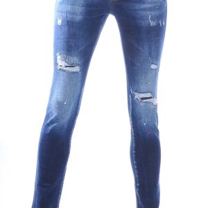 ICON2, dsquared2, Hippe, Gescheurde, Slim-Fit, Stretch, Heren Jeans, met Verfspatten, Donkerblauw