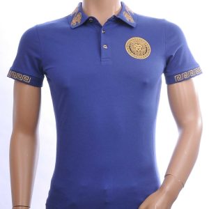 MARIO CAVANI Heren Polo T-shirt met Leeuwenkop Badge met Steentjes – Kobaltblauw