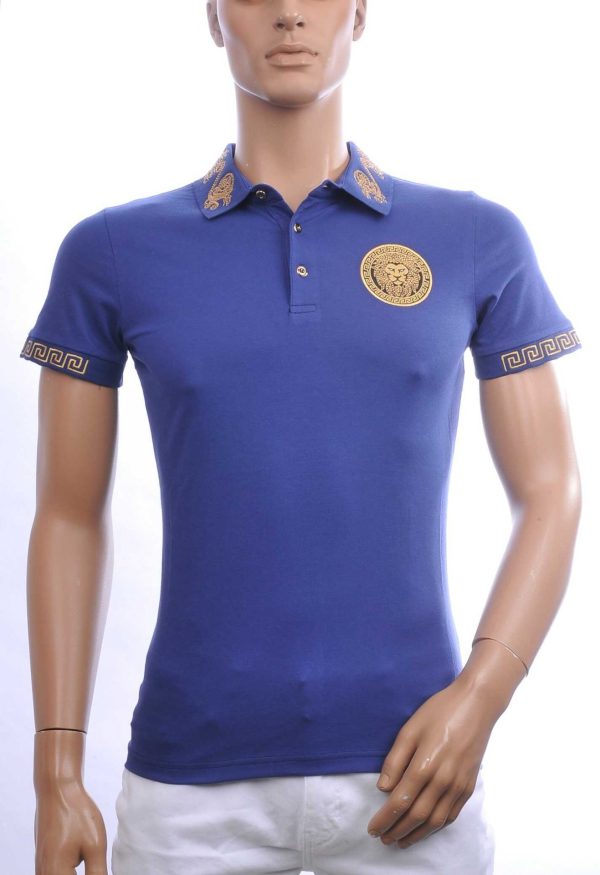 MARIO CAVANI Heren Polo T-shirt met Leeuwenkop Badge met Steentjes – Kobaltblauw