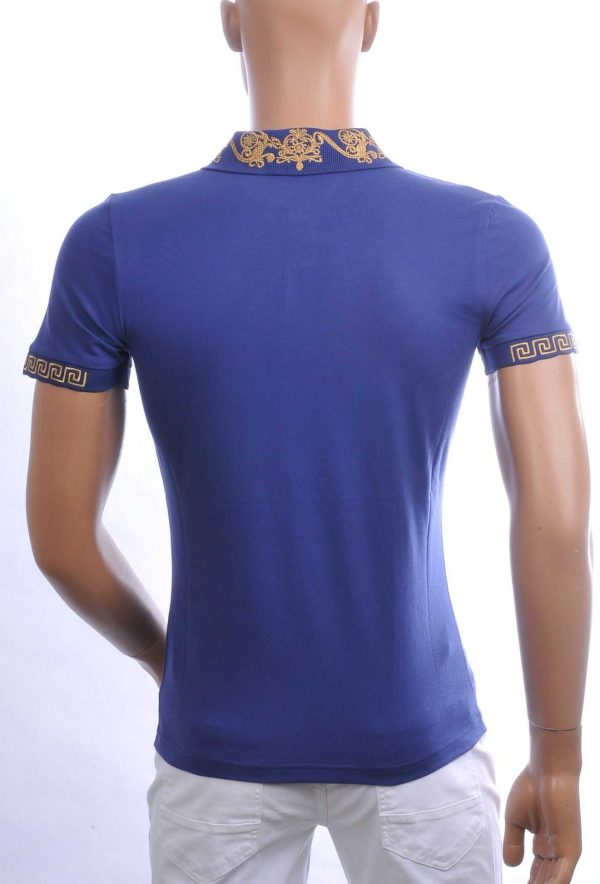 MARIO CAVANI Heren Polo T-shirt met Leeuwenkop Badge met Steentjes – Kobaltblauw