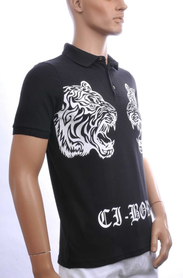 Ci-Borg Trendy Heren Polo T-Shirt met Tijgerkop Print Met Zwart Steentjes - Zwart | Modieus en Comfortabel
