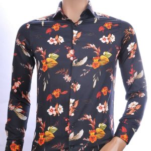 ARYA Italiaans getailleerd Heren overhemd met allover bloemenpatroon – Zwart