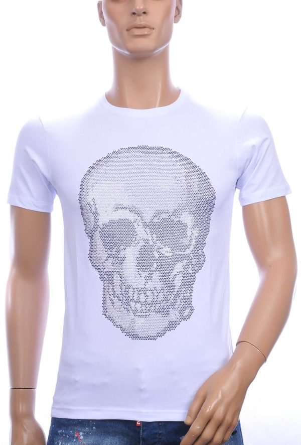 FRANCO RENZO Ronde Hals Heren Skull T-Shirt met Steentjes – Wit | Trendy, Comfortabel en Perfect voor de Zomer