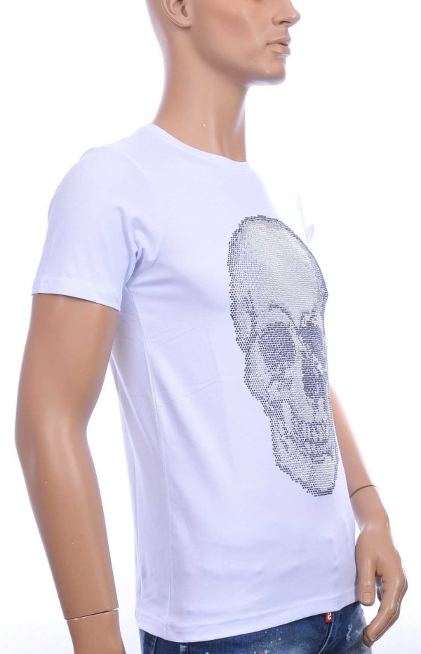 FRANCO RENZO Ronde Hals Heren Skull T-Shirt met Steentjes – Wit | Trendy, Comfortabel en Perfect voor de Zomer
