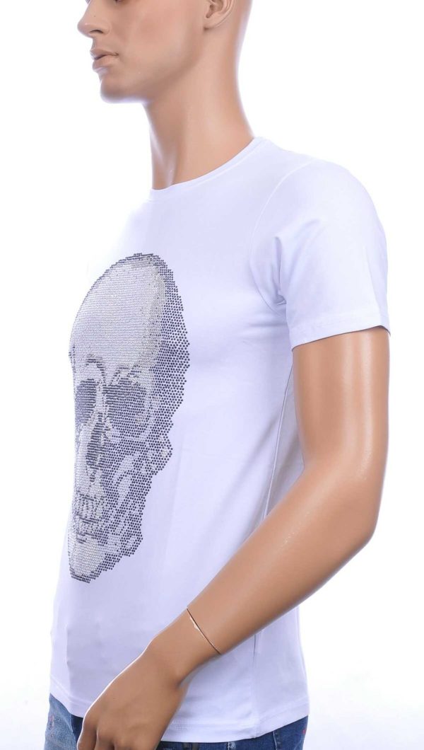 FRANCO RENZO Ronde Hals Heren Skull T-Shirt met Steentjes – Wit | Trendy, Comfortabel en Perfect voor de Zomer