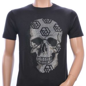 FRANCO RENZO Trendy Ronde Hals Skull T-Shirt met Steentjes - Zwart