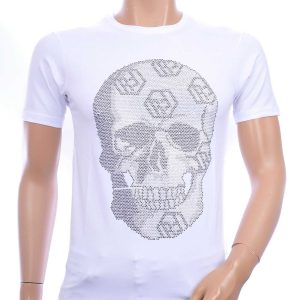 FRANCO RENZO Trendy Ronde Hals Skull T-Shirt met Steentjes - Wit