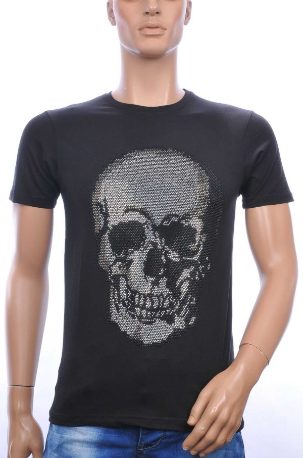 FRANCO RENZO Ronde Hals Heren Skull T-Shirt met Steentjes – Zwart | Trendy, Comfortabel en Perfect voor de Zomer