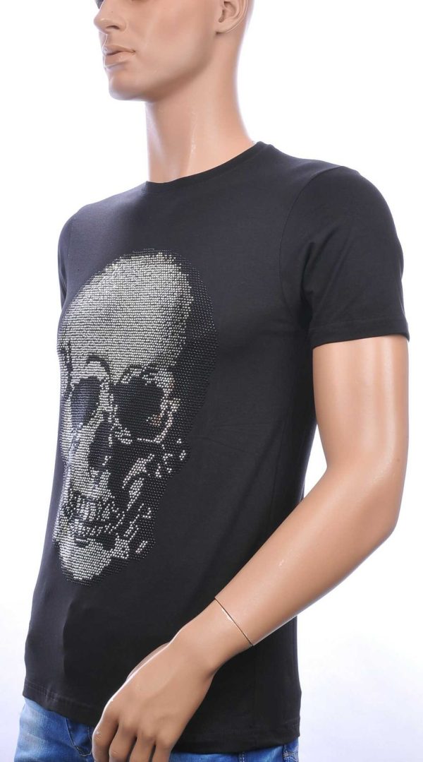 FRANCO RENZO Ronde Hals Heren Skull T-Shirt met Steentjes – Zwart | Trendy, Comfortabel en Perfect voor de Zomer