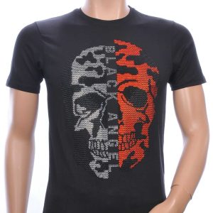 FRANCO RENZO Trendy Ronde Hals Heren Skull T-Shirt met Steentjes – Zwart