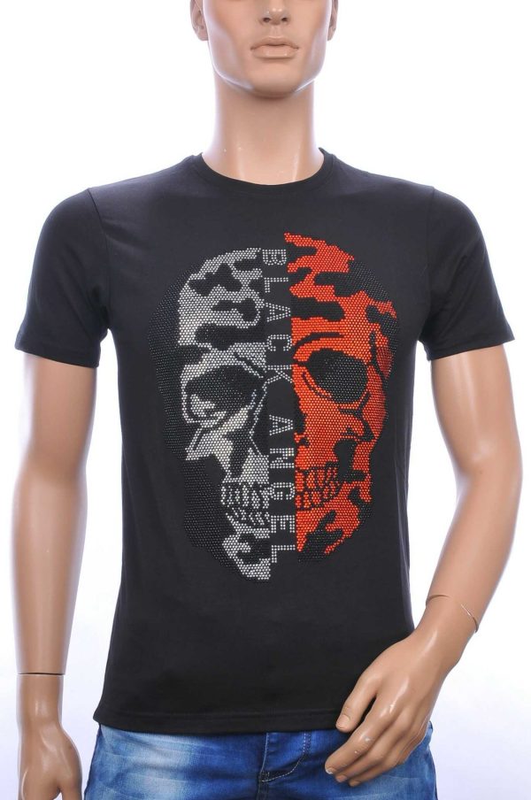 FRANCO RENZO Trendy Ronde Hals Heren Skull T-Shirt met Steentjes – Zwart