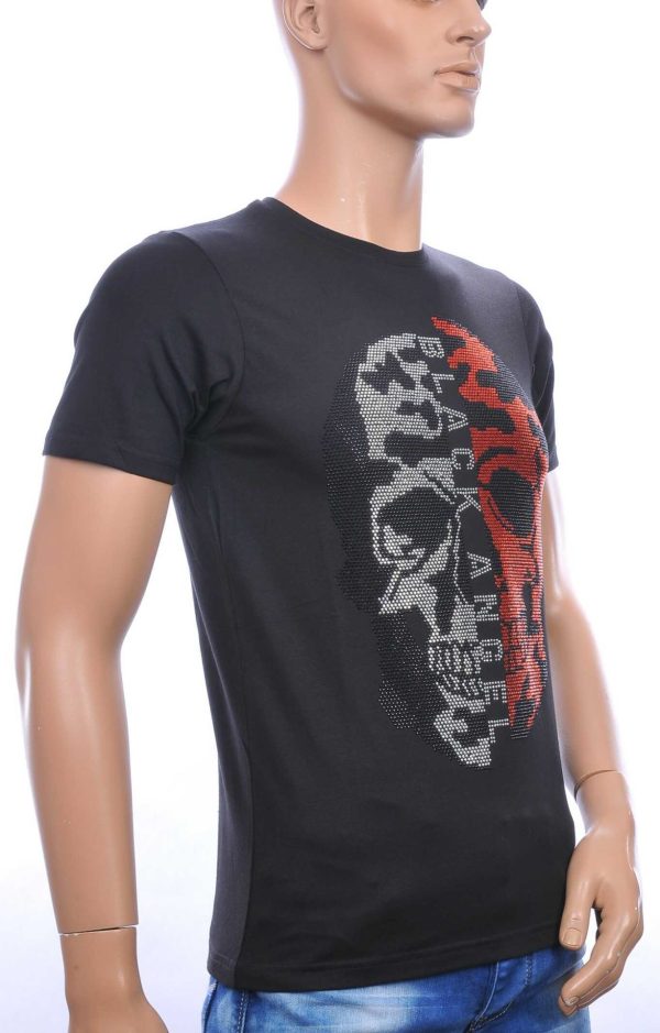 FRANCO RENZO Trendy Ronde Hals Heren Skull T-Shirt met Steentjes – Zwart