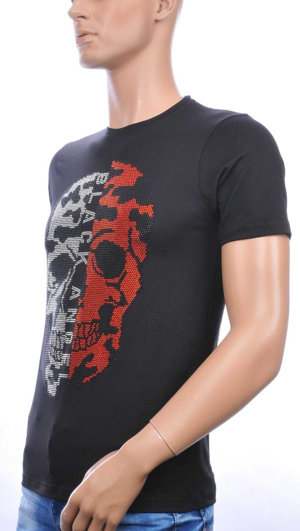 FRANCO RENZO Trendy Ronde Hals Heren Skull T-Shirt met Steentjes – Zwart