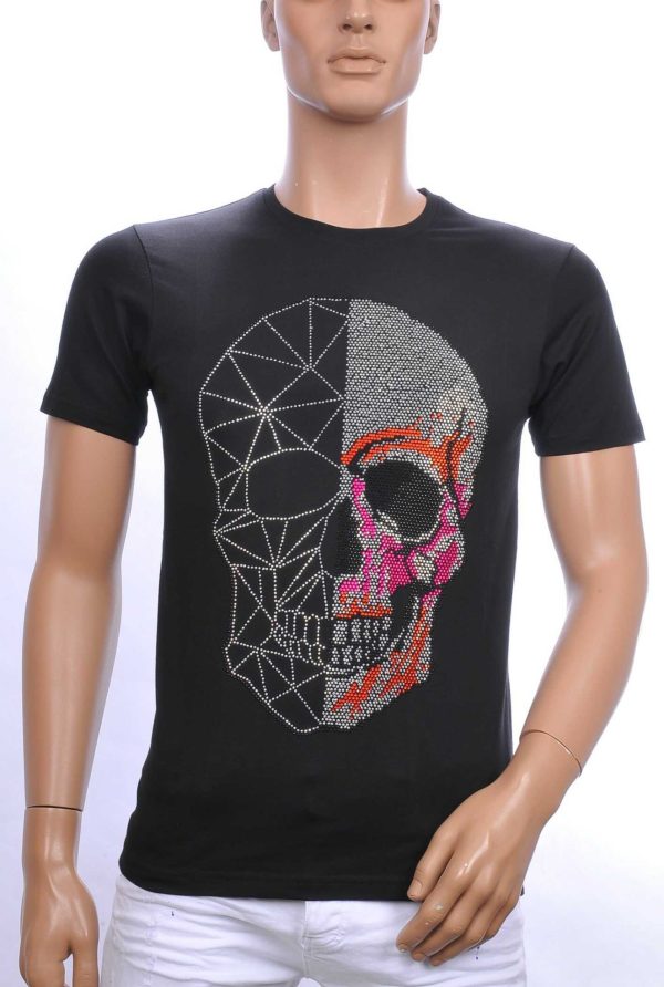 FRANCO RENZO Trendy Ronde Hals Heren Skull T-Shirt met Steentjes – Zwart | Zomer T-Shirt voor Mannen | Kwalitatieve Zomerkleding