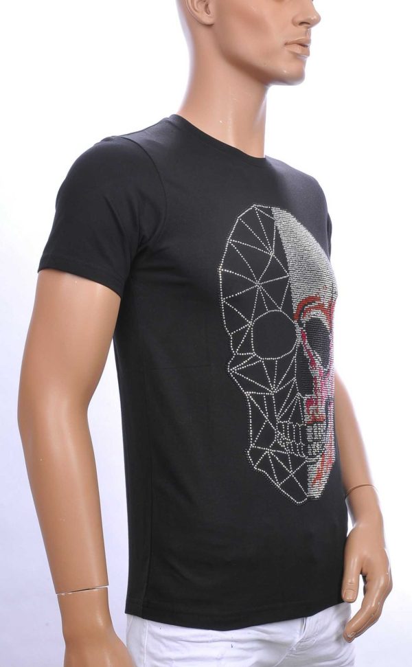 FRANCO RENZO Trendy Ronde Hals Heren Skull T-Shirt met Steentjes – Zwart | Zomer T-Shirt voor Mannen | Kwalitatieve Zomerkleding
