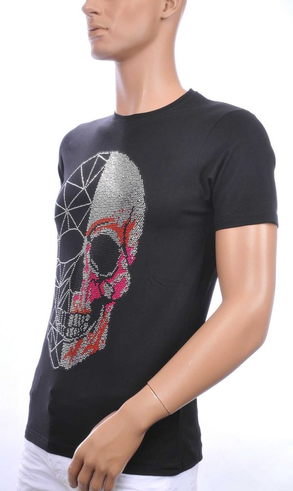 FRANCO RENZO Trendy Ronde Hals Heren Skull T-Shirt met Steentjes – Zwart | Zomer T-Shirt voor Mannen | Kwalitatieve Zomerkleding
