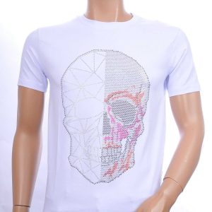 FRANCO RENZO Trendy Ronde Hals Heren Skull T-Shirt met Steentjes – Wit | Zomer T-Shirt voor Mannen | Kwalitatieve Zomerkleding