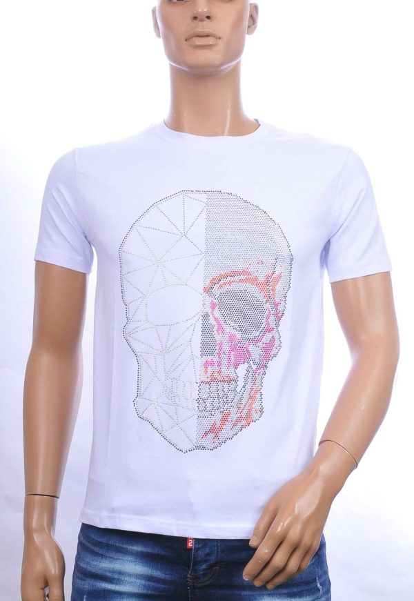 FRANCO RENZO Trendy Ronde Hals Heren Skull T-Shirt met Steentjes – Wit | Zomer T-Shirt voor Mannen | Kwalitatieve Zomerkleding