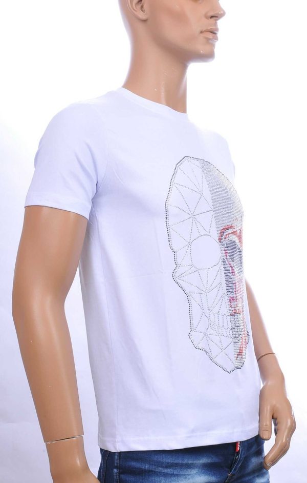 FRANCO RENZO Trendy Ronde Hals Heren Skull T-Shirt met Steentjes – Wit | Zomer T-Shirt voor Mannen | Kwalitatieve Zomerkleding