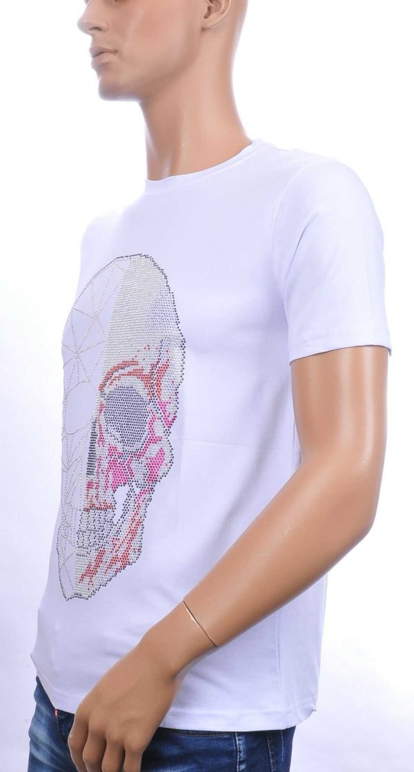 FRANCO RENZO Trendy Ronde Hals Heren Skull T-Shirt met Steentjes – Wit | Zomer T-Shirt voor Mannen | Kwalitatieve Zomerkleding
