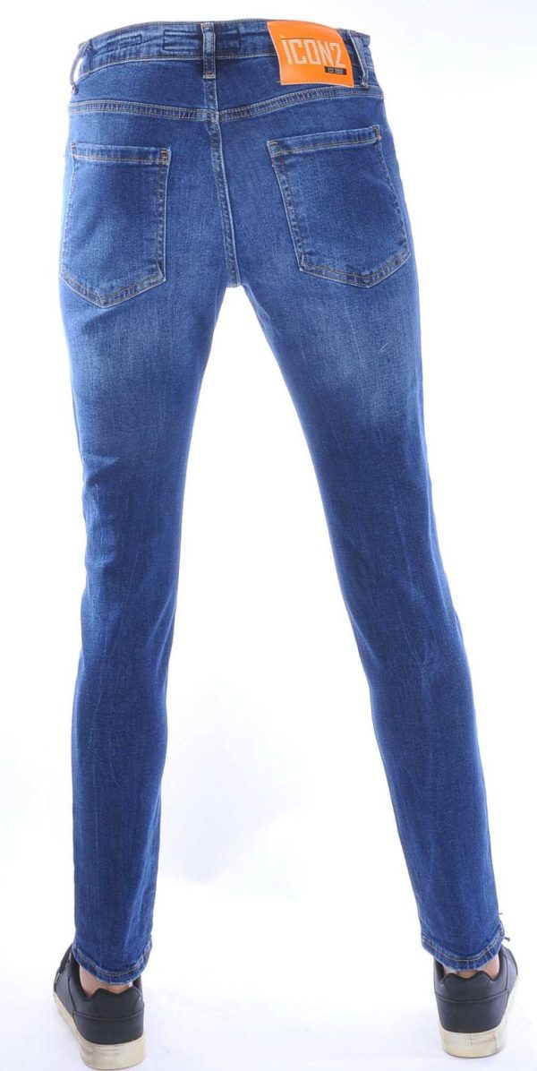 ICON2 Hippe Gescheurde Slim Fit Stretch Heren Jeans met Verfvlekjes – Donkerblauw | Trendy Streetwear & Casual Jeans voor Mannen