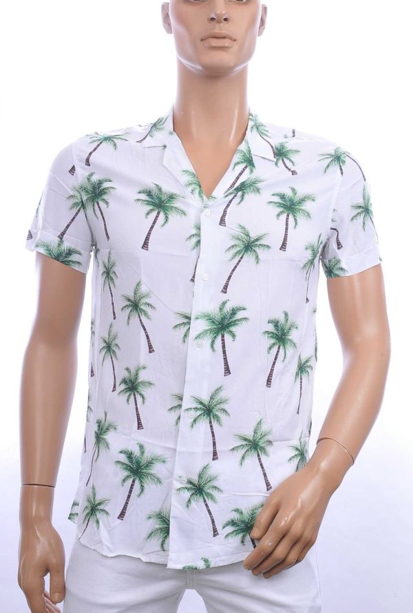 KZR Trendy Allover Palmbomen Dessin Heren Korte Mouwen Festival Overhemd - Wit