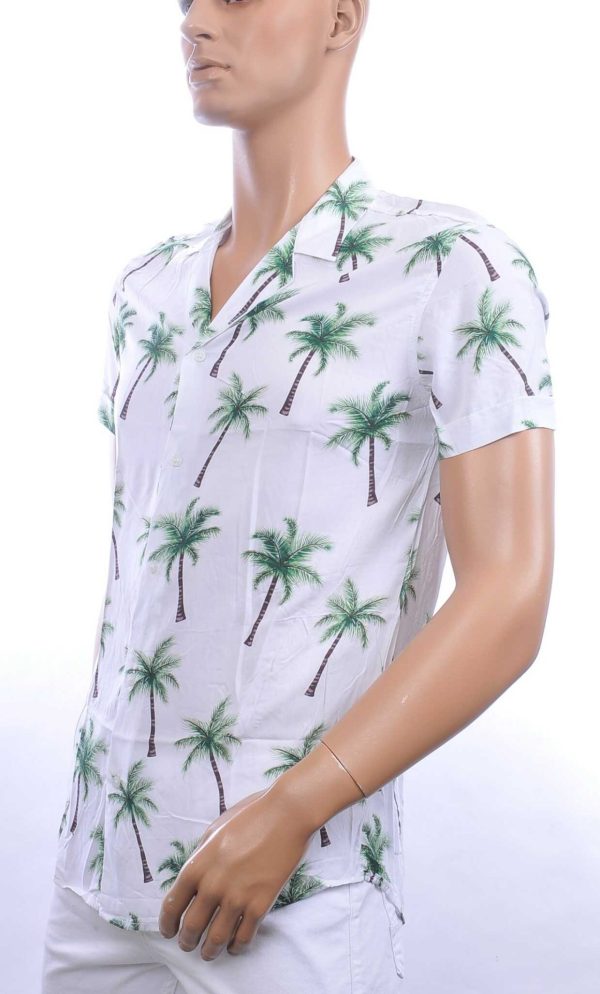 KZR Trendy Allover Palmbomen Dessin Heren Korte Mouwen Festival Overhemd - Wit