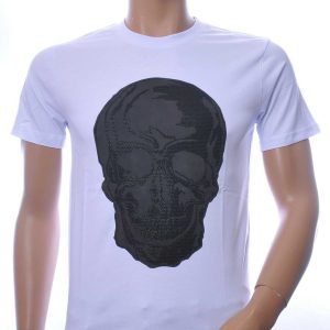 By Bugotti Trendy Ronde Hals Heren Skull T-shirt met Steentjes Print - Wit