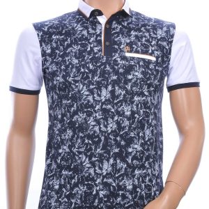 CLUB JU Trendy Allover Bladeren Dessin Heren Polo T-Shirt met Sier Borstzakje – Navy