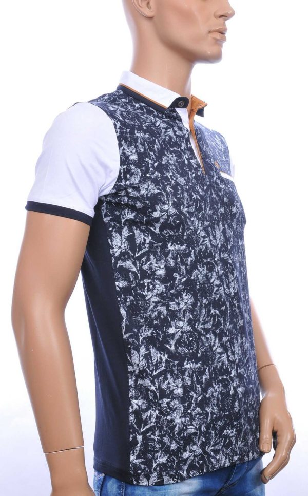 CLUB JU Trendy Allover Bladeren Dessin Heren Polo T-Shirt met Sier Borstzakje – Navy