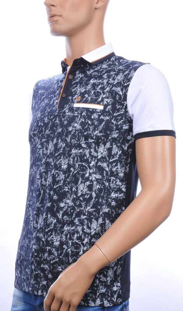 CLUB JU Trendy Allover Bladeren Dessin Heren Polo T-Shirt met Sier Borstzakje – Navy