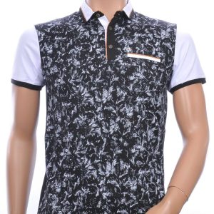 CLUB JU Trendy Allover Bladeren Dessin Heren Polo T-Shirt met Sier Borstzakje – Zwart