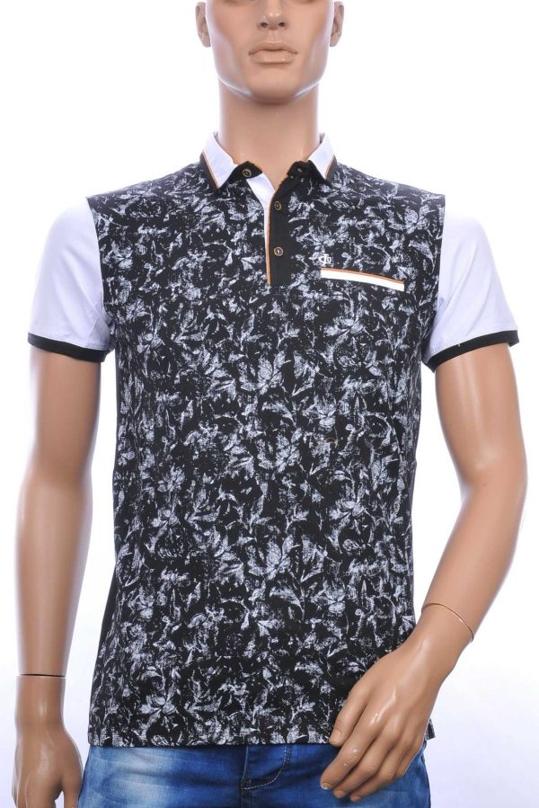 CLUB JU Trendy Allover Bladeren Dessin Heren Polo T-Shirt met Sier Borstzakje – Zwart