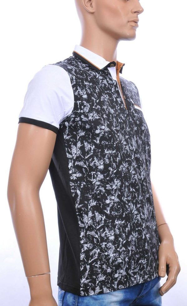 CLUB JU Trendy Allover Bladeren Dessin Heren Polo T-Shirt met Sier Borstzakje – Zwart