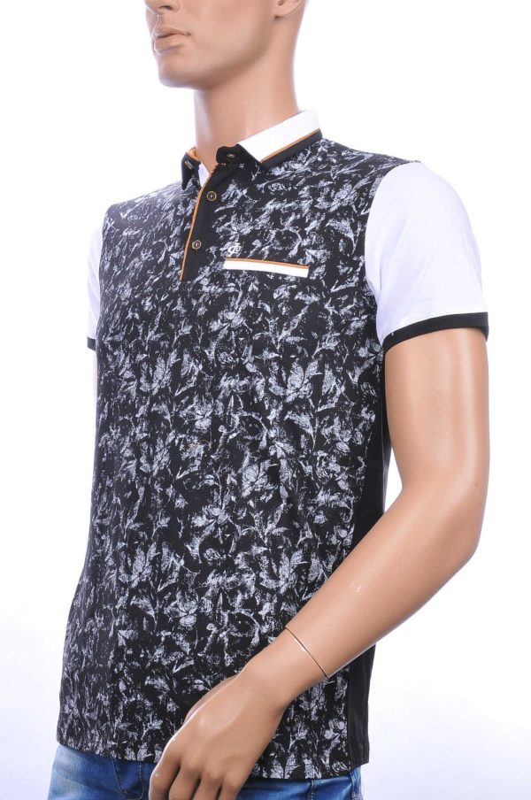 CLUB JU Trendy Allover Bladeren Dessin Heren Polo T-Shirt met Sier Borstzakje – Zwart