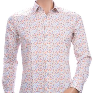 FERLUCCI Italiaans Getailleerd Slim Fit Heren Overhemd met Allover Multi Color Puntjes Dessin - Oranje