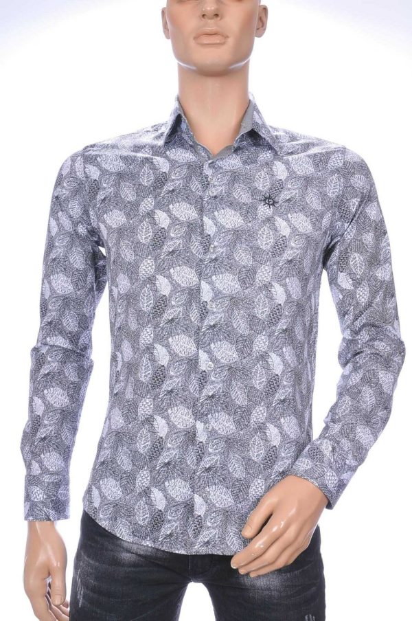 Ferlucci Trendy Slim Fit Heren Overhemd met Allover Bladeren Dessin - Grijs