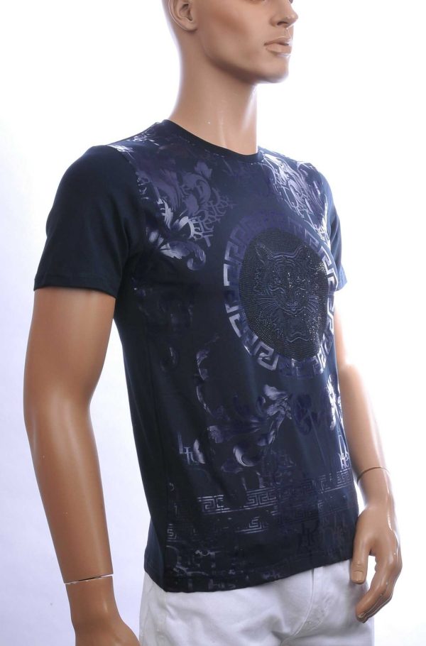 Les Designers Trendy Ronde Hals Heren T-shirt met Geborduurde Tijgerkop en Steentjes – Navy