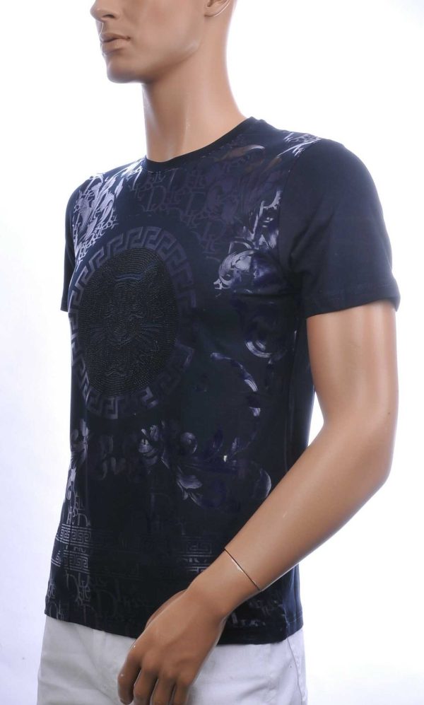 Les Designers Trendy Ronde Hals Heren T-shirt met Geborduurde Tijgerkop en Steentjes – Navy