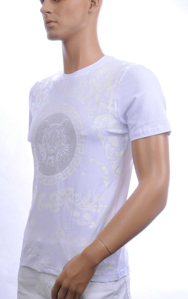 Les Designers Trendy Ronde Hals Heren T-shirt met Geborduurde Tijgerkop en Steentjes – Wit