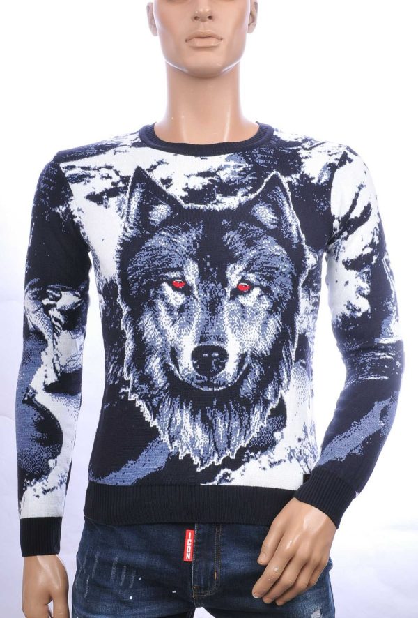 CI-BORG Trendy Slim Fit Ronde Hals Dunne Heren Trui met Allover Wolf Dessin - Navy
