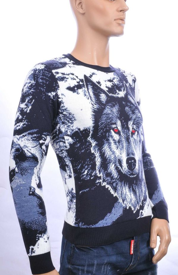 CI-BORG Trendy Slim Fit Ronde Hals Dunne Heren Trui met Allover Wolf Dessin - Navy