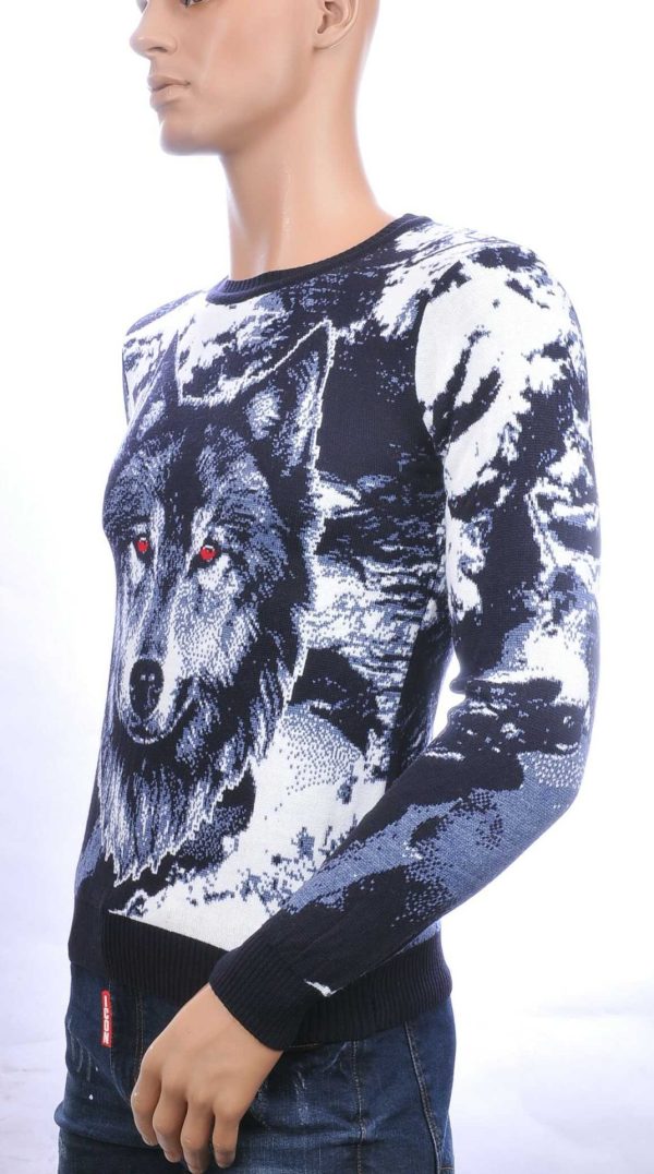 CI-BORG Trendy Slim Fit Ronde Hals Dunne Heren Trui met Allover Wolf Dessin - Navy