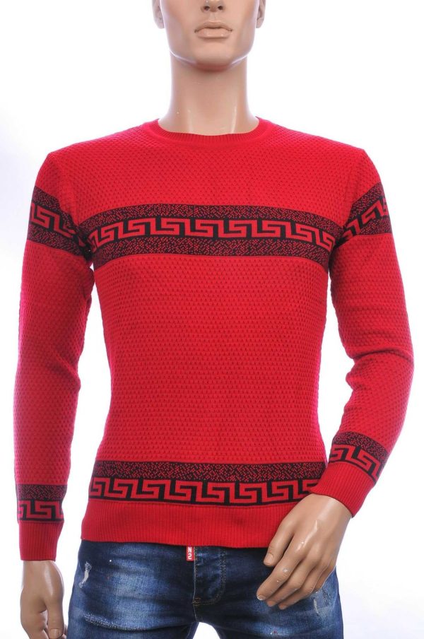 CI-BORG Trendy Slim Fit Allover Modern Dessin Ronde Hals Dunne Heren Trui – Rood