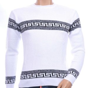 CI-BORG Trendy Slim Fit Allover Modern Dessin Ronde Hals Dunne Heren Trui – Wit