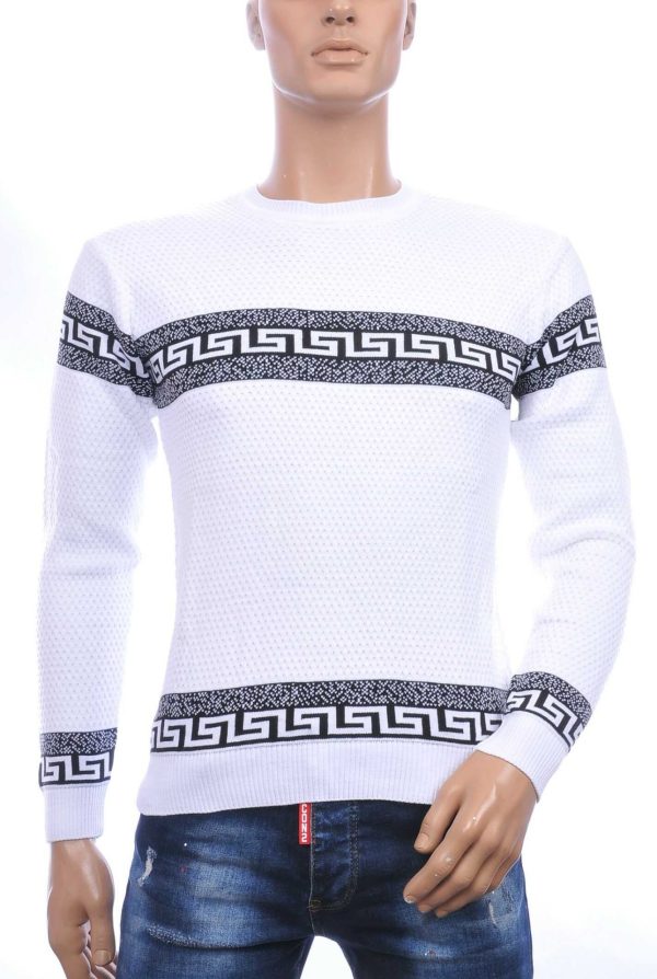 CI-BORG Trendy Slim Fit Allover Modern Dessin Ronde Hals Dunne Heren Trui – Wit