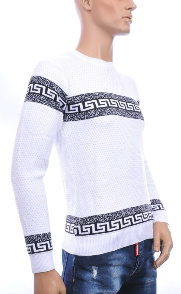 CI-BORG Trendy Slim Fit Allover Modern Dessin Ronde Hals Dunne Heren Trui – Wit
