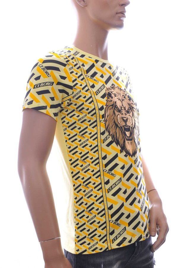 Ci-Borg Trendy Slim Fit Ronde Hals Heren T-shirt met Leeuwenkop Print en Steentjes - Geel