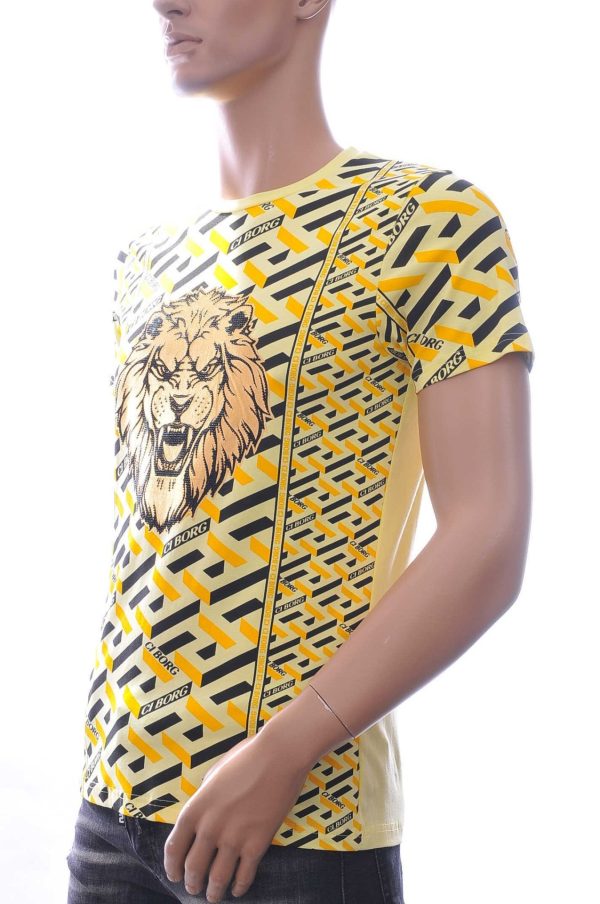 Ci-Borg Trendy Slim Fit Ronde Hals Heren T-shirt met Leeuwenkop Print en Steentjes - Geel