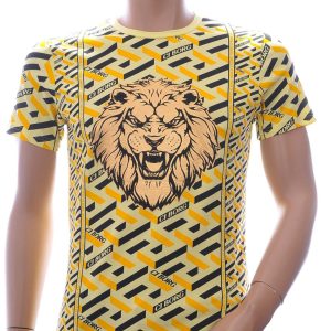 Ci-Borg Trendy Slim Fit Ronde Hals Heren T-shirt met Leeuwenkop Print en Steentjes - Geel